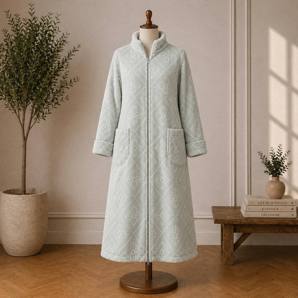 Stan Herman Mint Green Fleece Zip Front Robe Geometric Floral Embossed Small